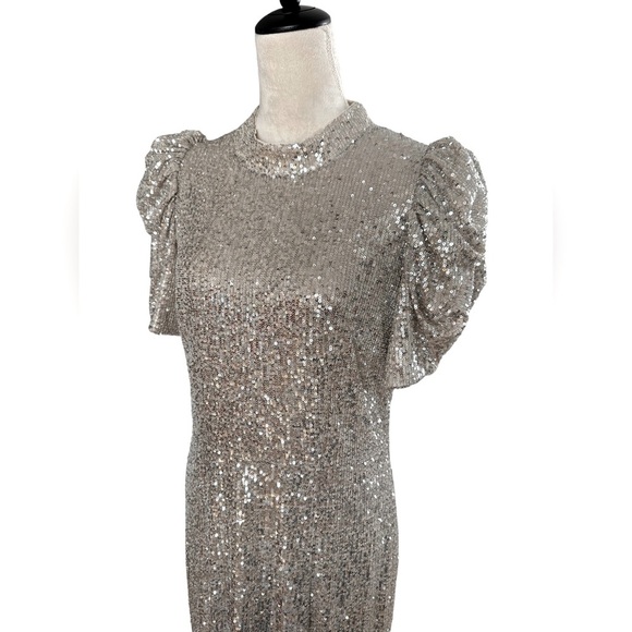 H&M Holiday Collection grey silver puff sleeves midi sequin sparkle dress - Picture 2 of 10